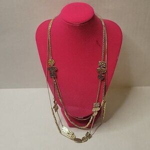 Gold-Tone Multi-Strand Layered Necklace With Textured Charms & Bead Accents